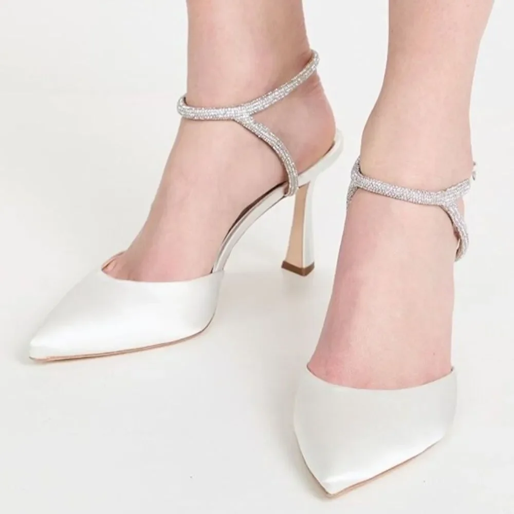 Badgley Mischka Kamilah Crystal Slingback Bridal Heels Sz 11 Ivory Satin Wedding - Picture 1 of 6